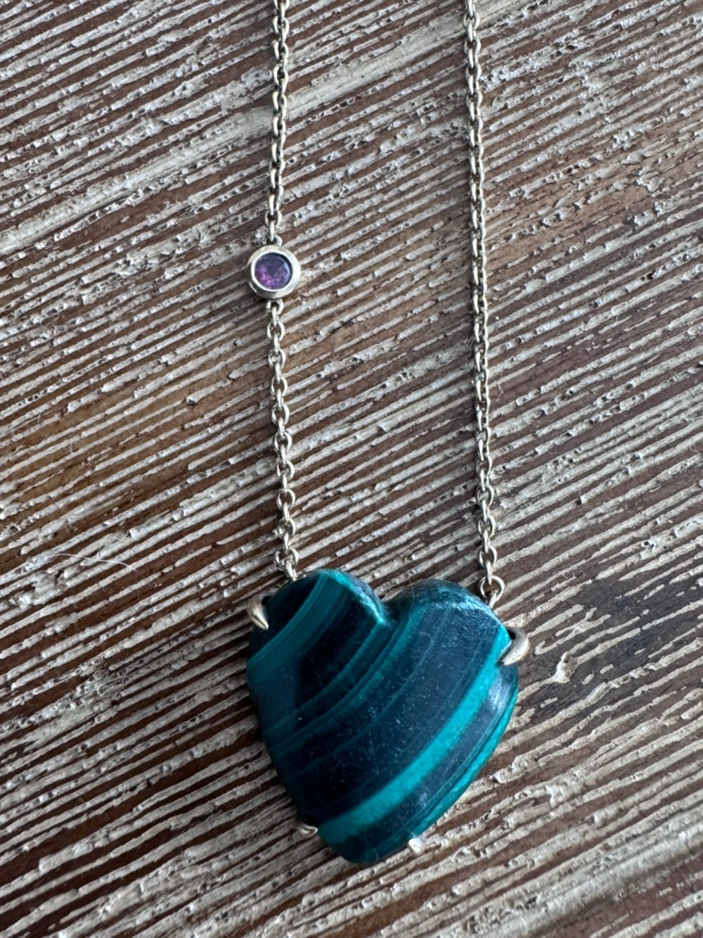 Sterling Silver Heart Necklace with Blue-Green Malachite Pendant - Picture 2 of 2